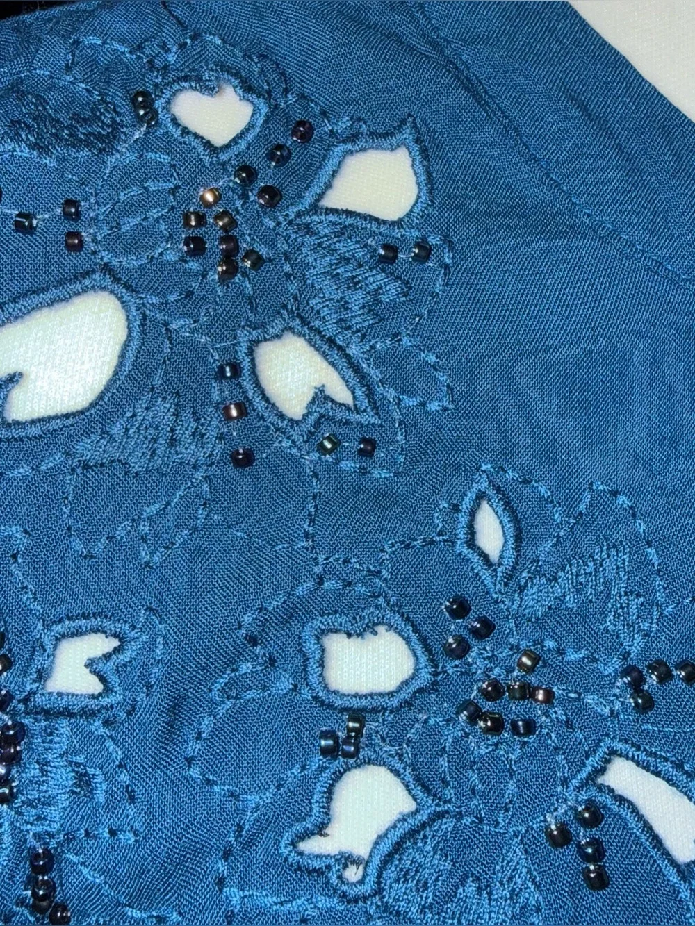 Torrid Poseidon Blue Challis Beaded Peasant Blouse Cutout Lace Top Plus Size 1X - Picture 8 of 13